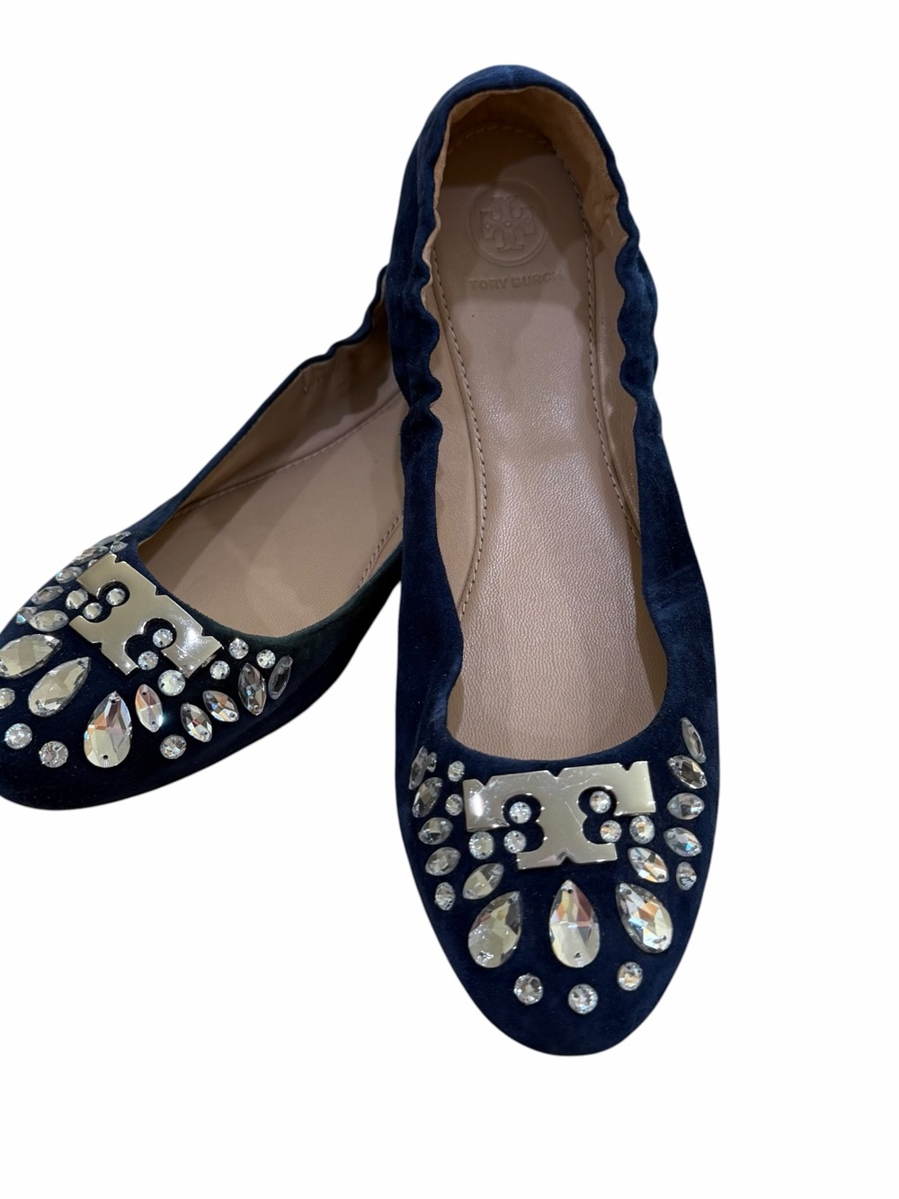 Tory Burch Delphine Women's Navy Suede Crystal Jewel Ballet Flats Size 10